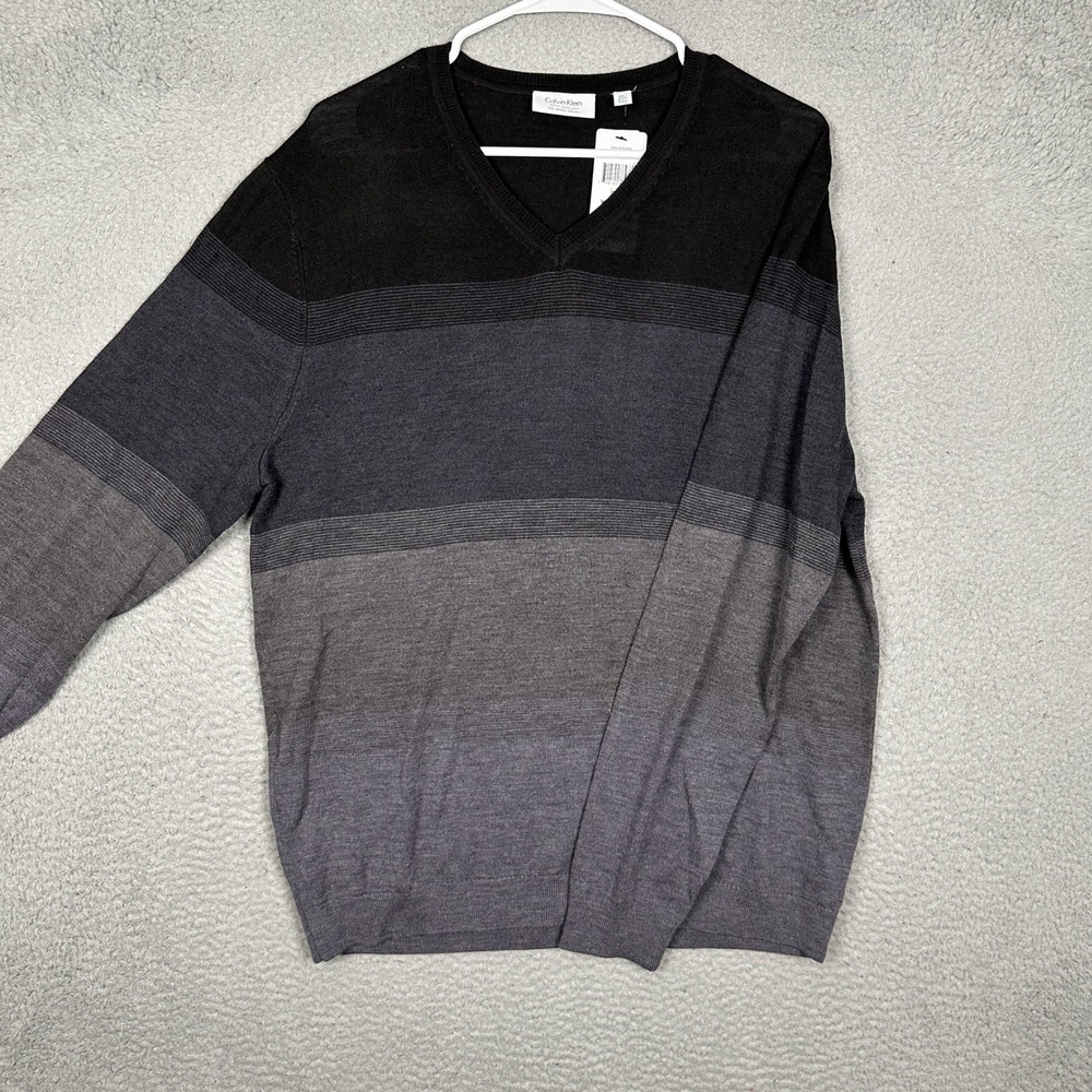 NEW Calvin Klein Sweater Mens Large Gradient Stripe Black Grey Wool Blend V-Neck